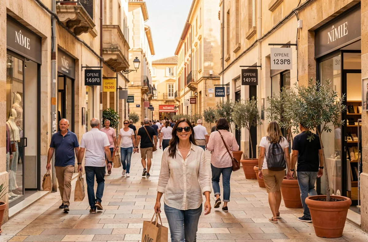 Rue commerçante animée de Nîmes avec des commerces locaux et des passants, idéale pour découvrir les magasins en ville
