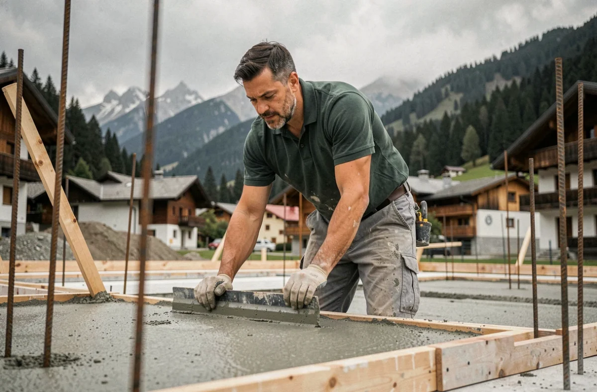 Un ouvrier de Sahin Batiment coulant une dalle de béton sur un chantier de construction résidentielle en Savoie