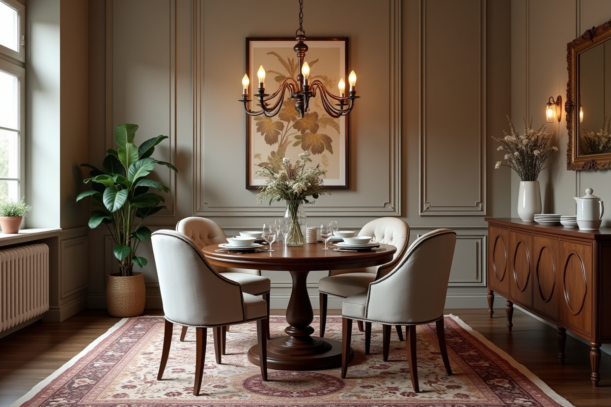 Salle à manger traditionnelle avec table ronde et éclairage chaud