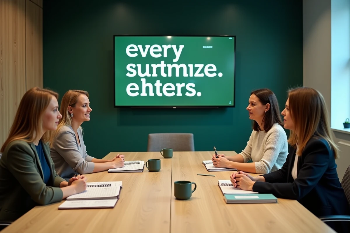 Salle de réunion d'agence de design avec éléments de communication interne de marque intégrés aux murs et au mobilier, lors d'une session de travail collaboratif