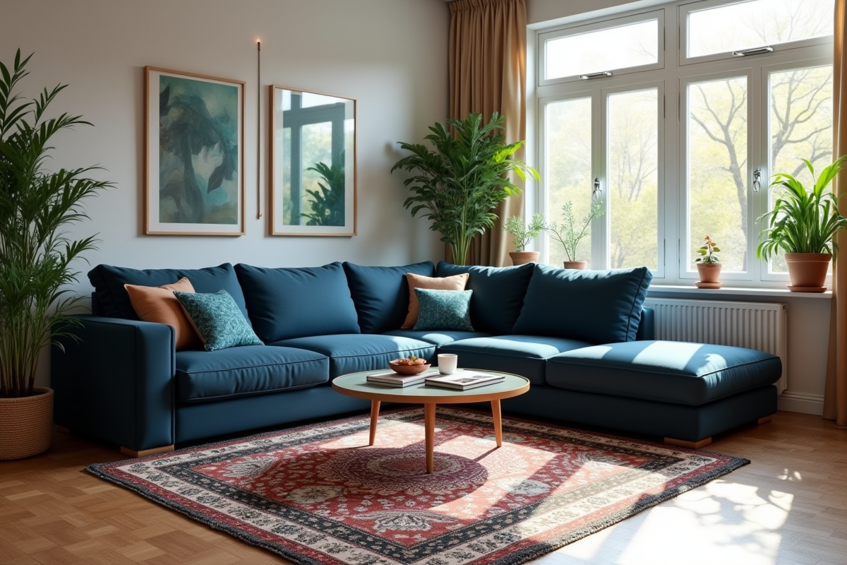 Espace de vie chaleureux avec canapé bleu et plantes vertes
