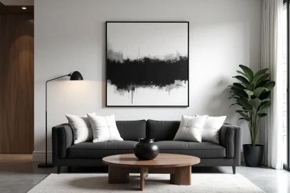 Salon noir et blanc harmonieux avec peinture abstraite au-dessus d'un canapé gris anthracite dans un appartement contemporain