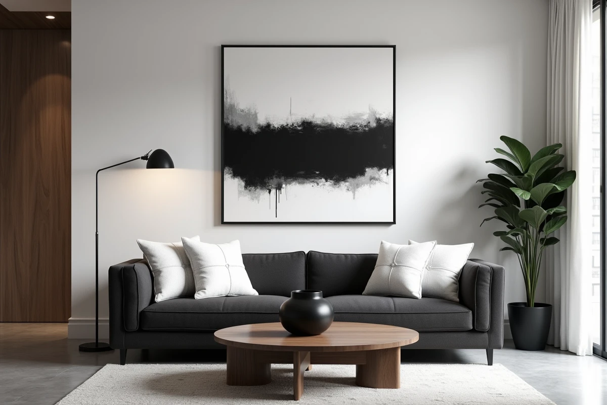 Salon noir et blanc harmonieux avec peinture abstraite au-dessus d'un canapé gris anthracite dans un appartement contemporain