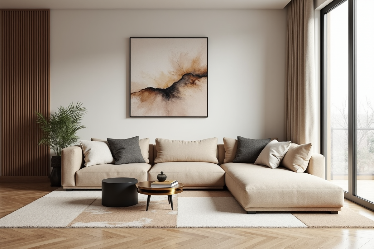 Salon scandinave avec canapé beige et décoration élégante