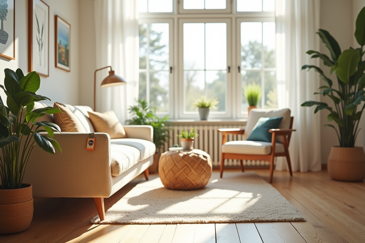 Salon scandinave lumineux avec mobilier minimaliste et plantes vertes