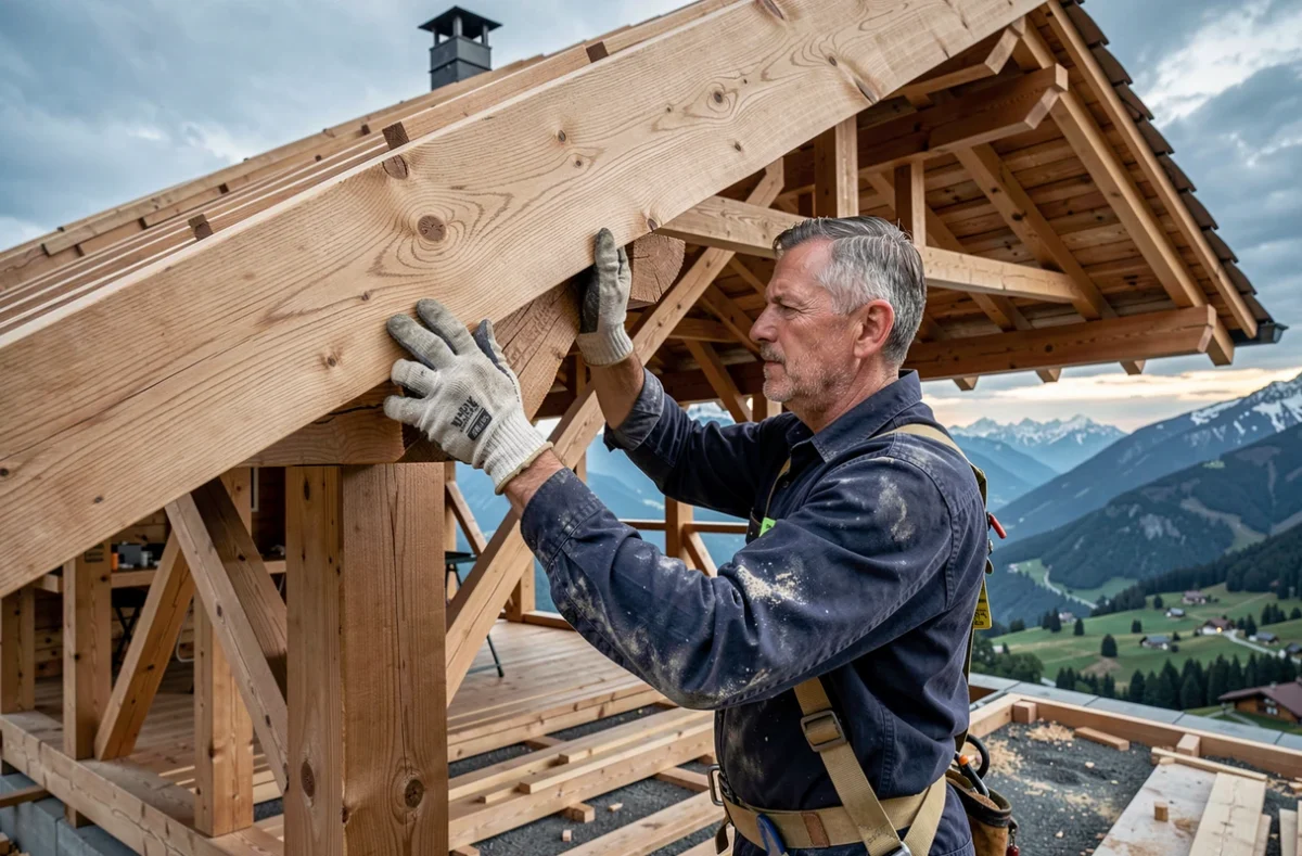 Un charpentier de Sauvageot Charpente installant une poutre en chêne sur la structure d'un chalet savoyard traditionnel