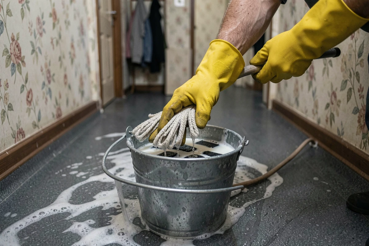 Mains gantées de jaune essorant une serpillière dans un seau métallique avec du savon noir pour nettoyer un lino gris dans un couloir ancien