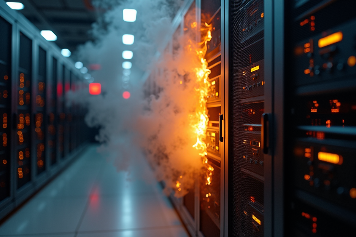 Serveur en flammes dans un centre de données lumineux