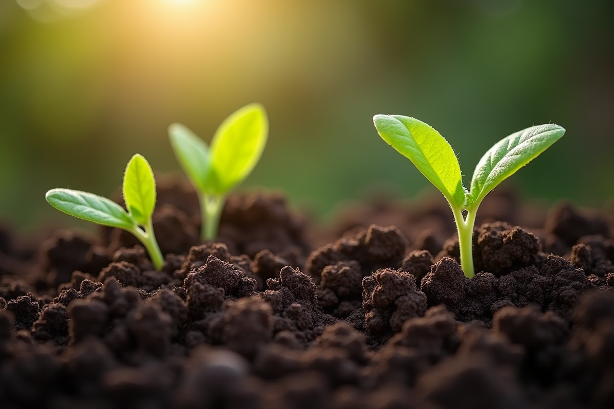 Gros plan sur le sol humide avec jeunes plantules et compost de donkey