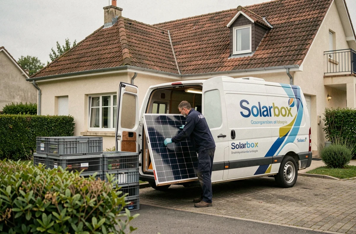 Technicien Solarbox déchargeant des panneaux solaires devant une maison en Seine-Saint-Denis