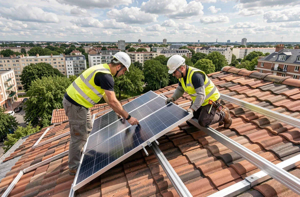 Techniciens Soleriel posant des panneaux photovoltaïques sur un toit résidentiel en Seine-Saint-Denis