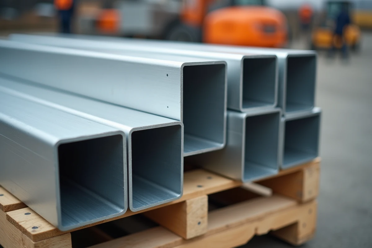 Tubes en aluminium rectangulaires empilés sur palette dans un dépôt de matériaux de construction