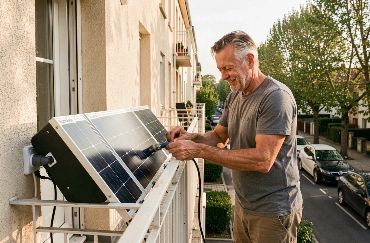 Homme installant un panneau solaire balcon Sunology dans un appartement de Seine-Saint-Denis