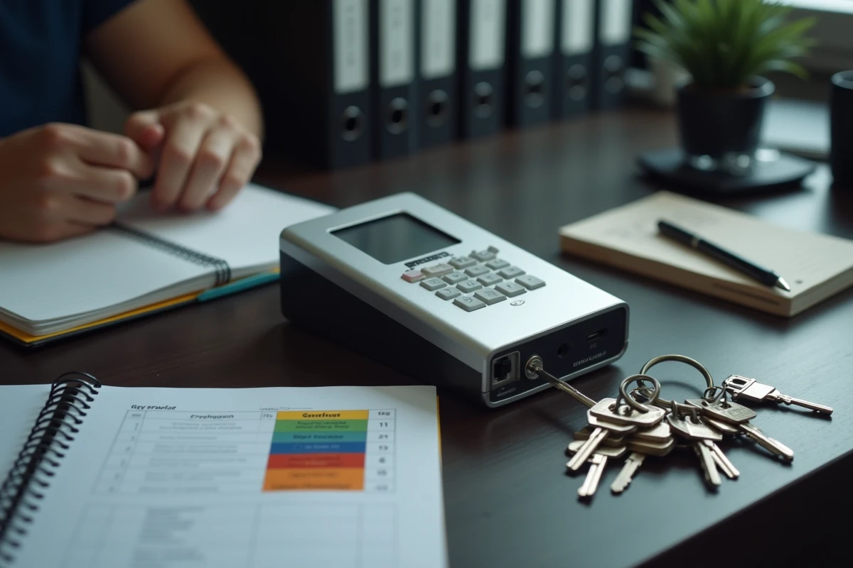Vue rapprochée d'un système de gestion de clés électronique avec clés étiquetées et registre de suivi sur bureau en bois
