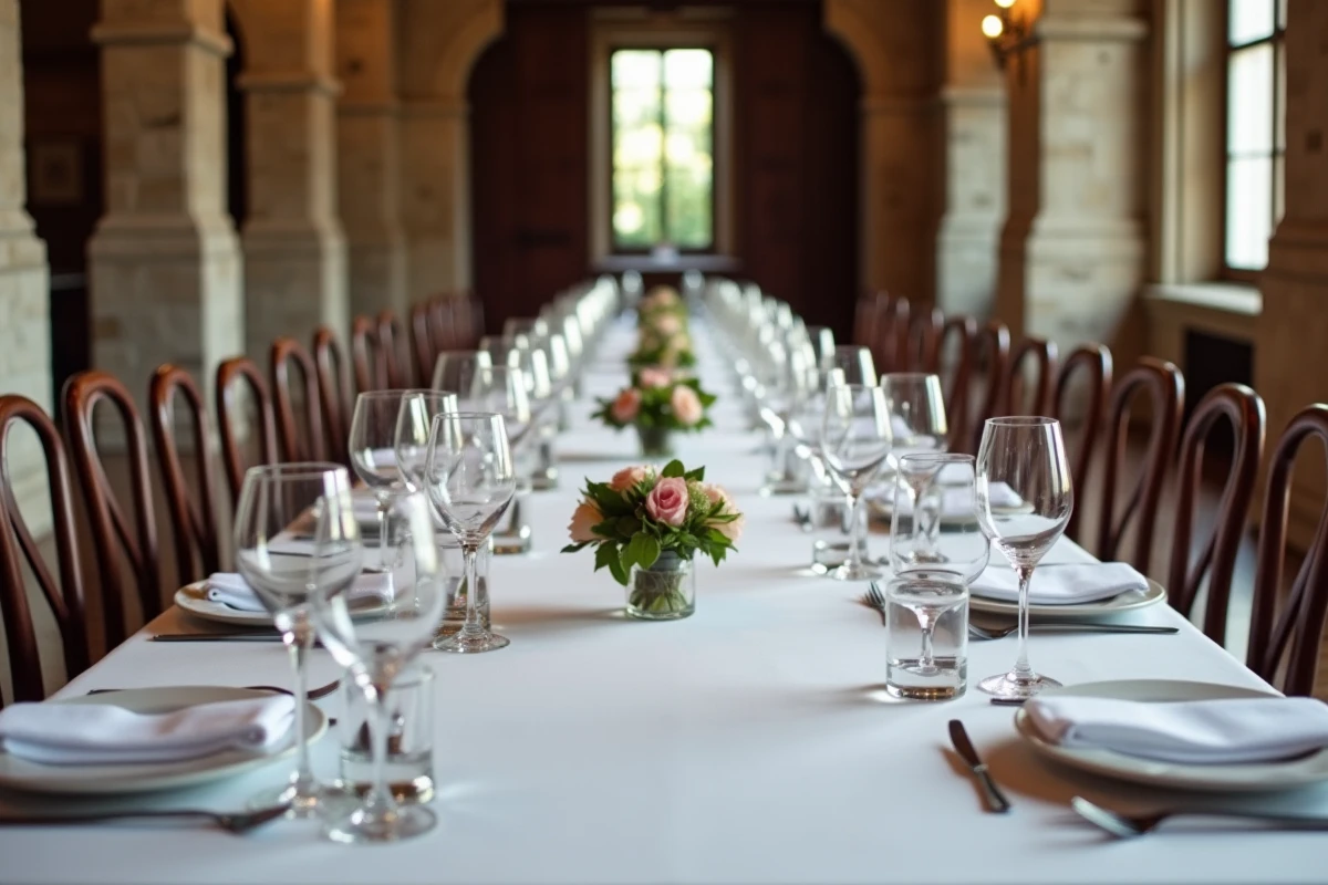 Vue grand angle d'une longue table de banquet avec la disposition répétée et symétrique des verres à chaque couvert
