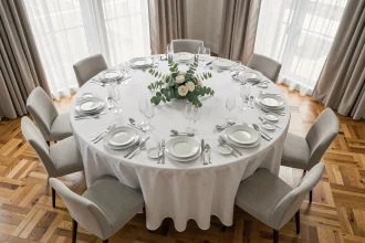 Table ronde dressée pour 10 personnes avec nappe blanche et vaisselle élégante, vue de dessus légèrement plongeante