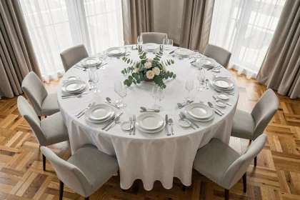 Table ronde dressée pour 10 personnes avec nappe blanche et vaisselle élégante, vue de dessus légèrement plongeante