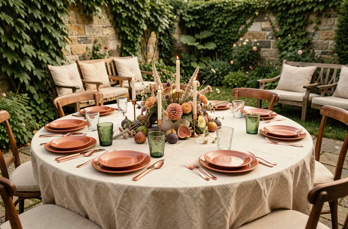 Table ronde de 10 couverts dressée en style champêtre chic dans un jardin avec vaisselle en céramique terracotta