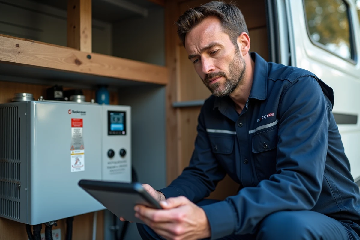 Technicien inspectant un système de chauffage Truma Combi 4 dans un camping-car avec une tablette affichant des codes d'erreur