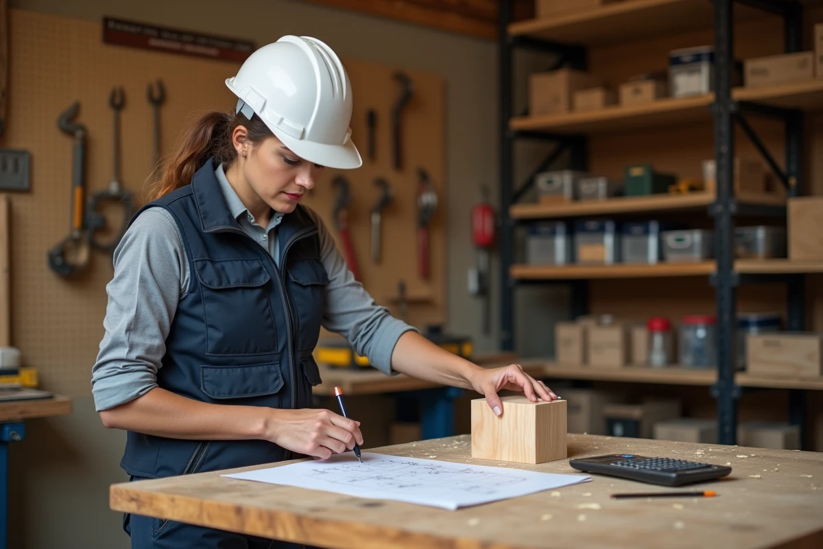 Femme technicienne calculant un volume en mètres cubes sur papier millimétré dans un atelier de menuiserie