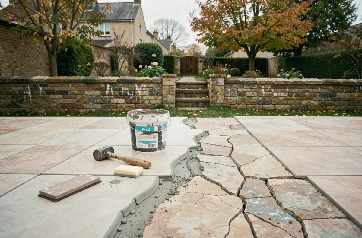 Vue d'ensemble d'une terrasse extérieure en cours de rénovation montrant le contraste entre anciens joints fissurés et nouveaux joints de carrelage fraîchement appliqués