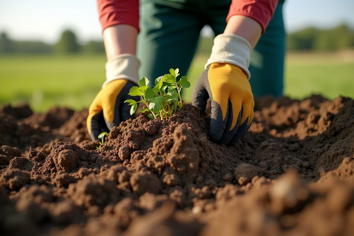 Gros plan sur la terre retournée avec mains en gants de jardinage