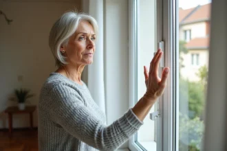 Femme vérifiant l'isolation thermique d'une fenêtre à double vitrage dans un salon moderne