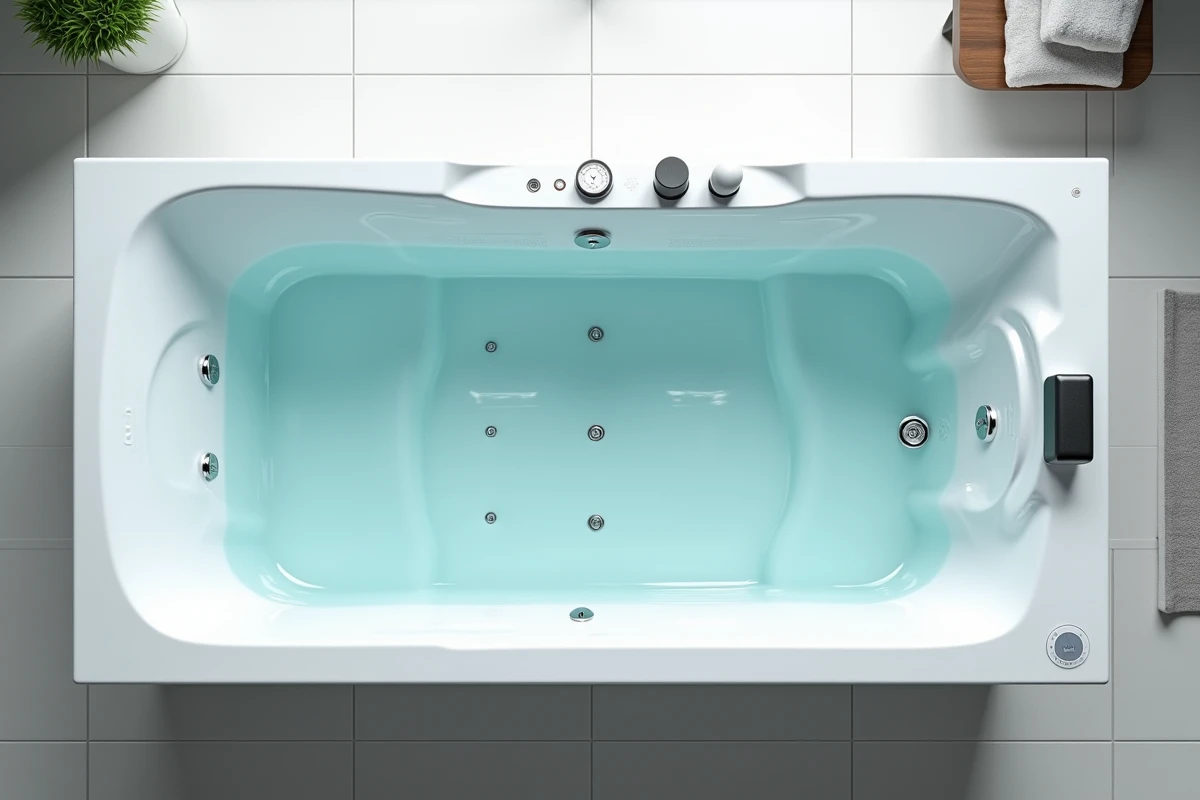 Vue aérienne d'une baignoire balnéo rectangulaire remplie d'eau avec jets visibles et indicateur de consommation intégré
