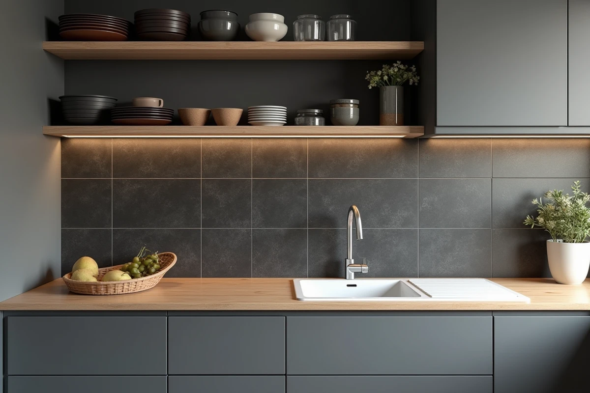 Vue d'ensemble d'une cuisine rénovée avec des cornières en aluminium sur toute la crédence en carrelage ardoise et plan de travail en bois clair