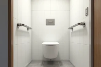 Salle de bain PMR avec WC suspendu et espace d'accès latéral large pour fauteuil roulant