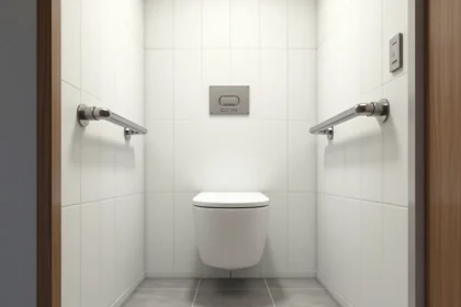 Salle de bain PMR avec WC suspendu et espace d'accès latéral large pour fauteuil roulant