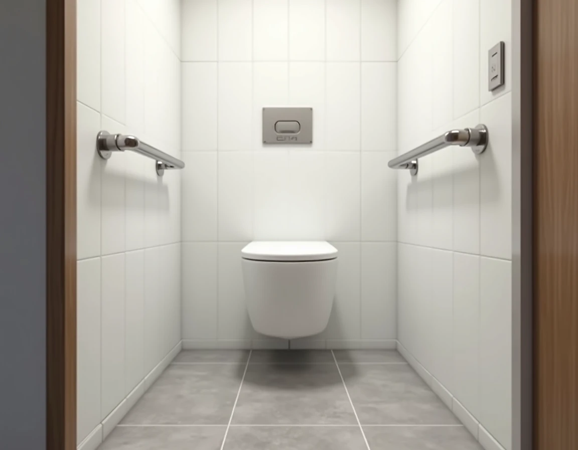 Salle de bain PMR avec WC suspendu et espace d'accès latéral large pour fauteuil roulant